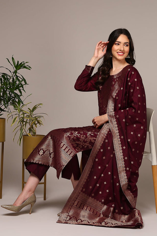 Maroon Poly Chanderi Woven Design Straight Suit Set (N2ZPKSKD1976-S)