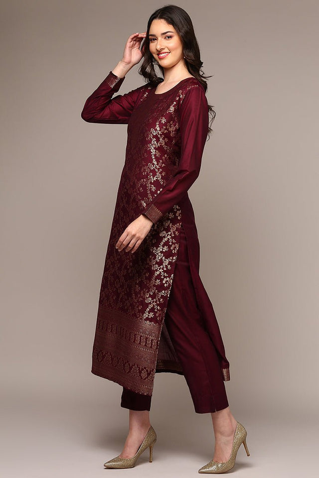 Maroon Poly Chanderi Woven Design Straight Suit Set (N2ZPKSKD1976-S)