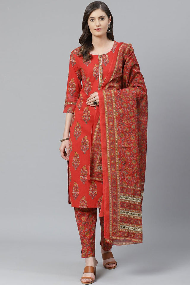 Red Floral Printed Polyester Straight Suit Set