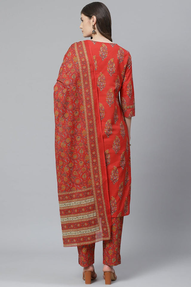 Red Floral Printed Polyester Straight Suit Set
