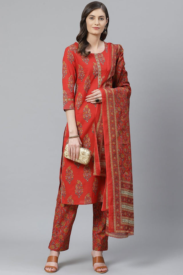 Red Floral Printed Polyester Straight Suit Set