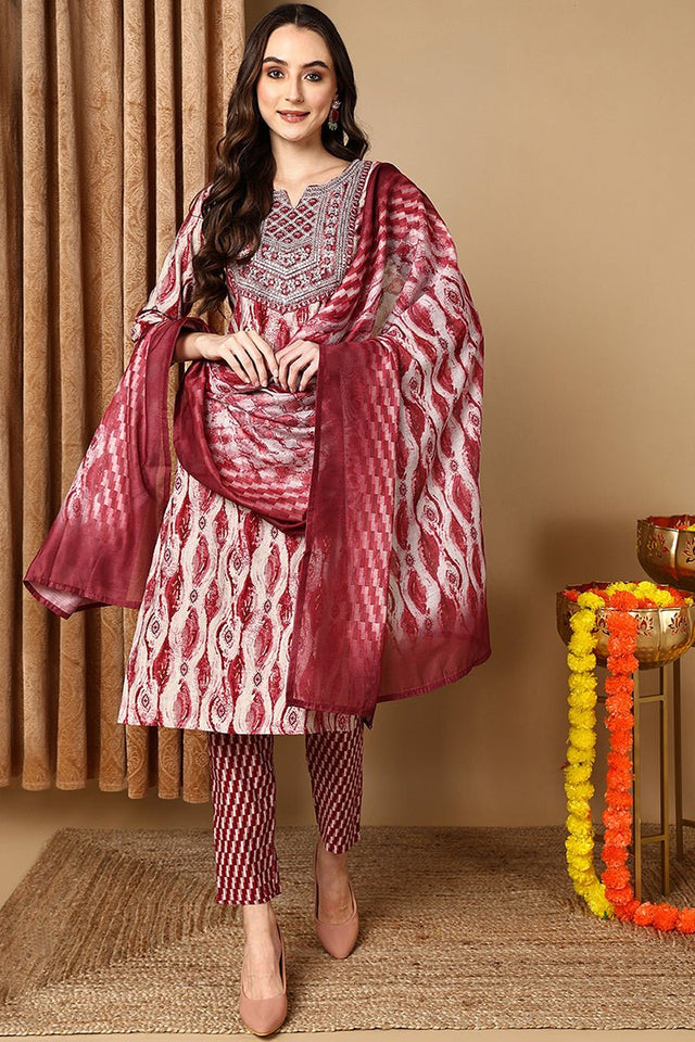 Maroon Cotton Printed Ethnic Motifs Yoke Design Suit Set
