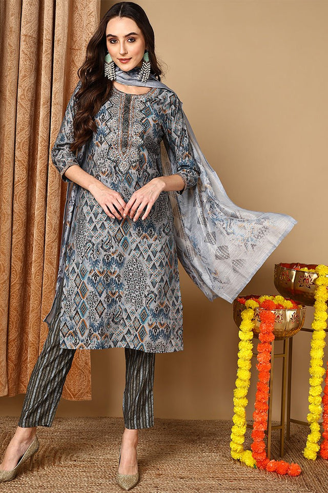Grey Cotton Ethnic Motifs Printed Straight Suit Set