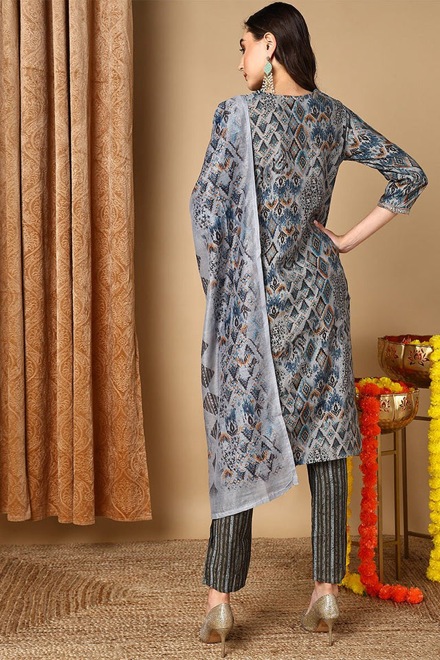Grey Cotton Ethnic Motifs Printed Straight Suit Set