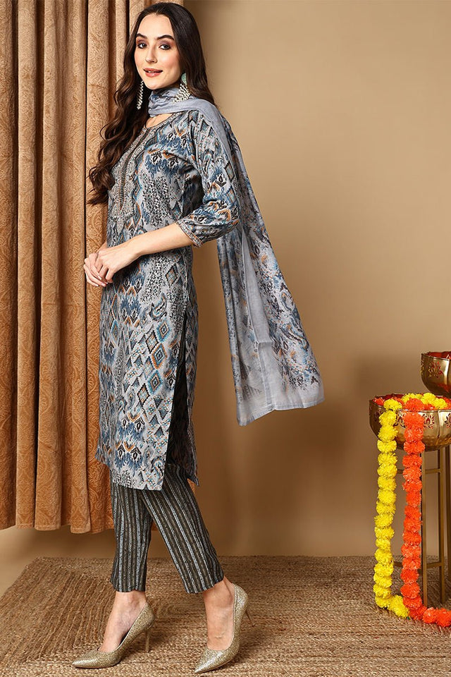 Grey Cotton Ethnic Motifs Printed Straight Suit Set
