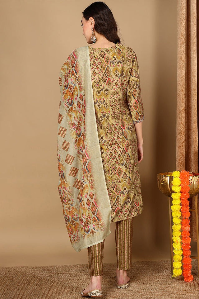 Mustard Yellow Cotton Geometric Printed Straight Suit Set
