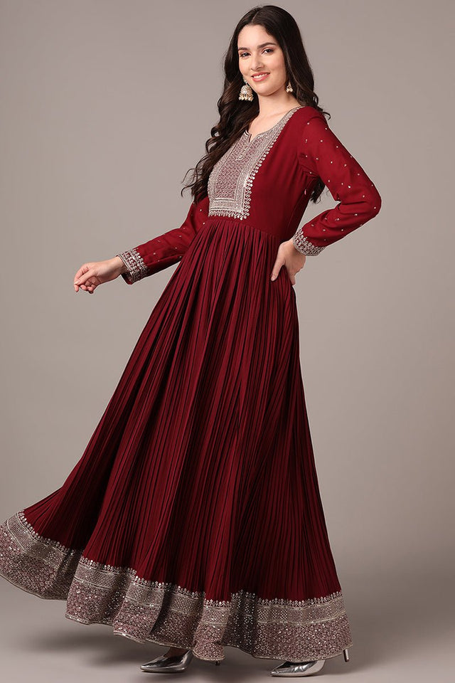 Magenta Georgette Solid Yoke Design Sequined Anarkali Kurti Dupatta Set