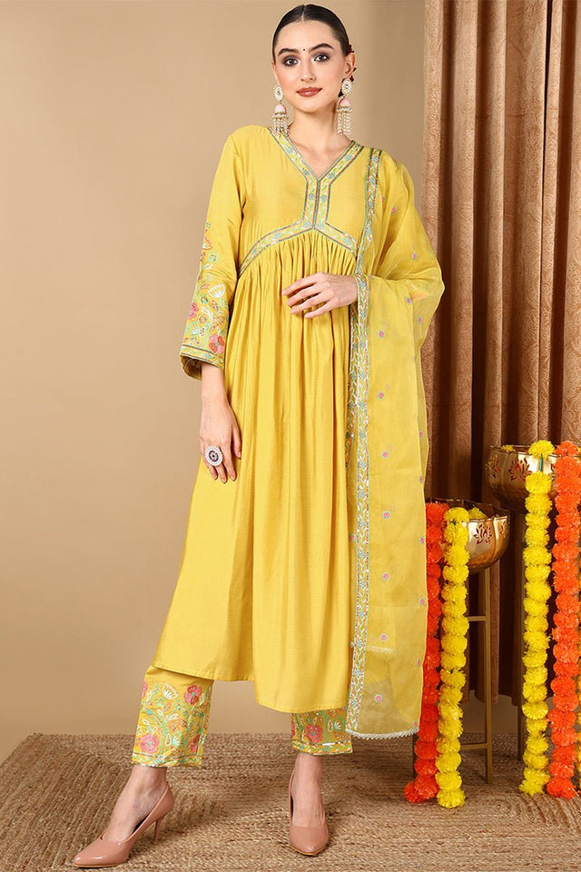 Yellow Silk Blend Embroidered Anarkali Suit Set