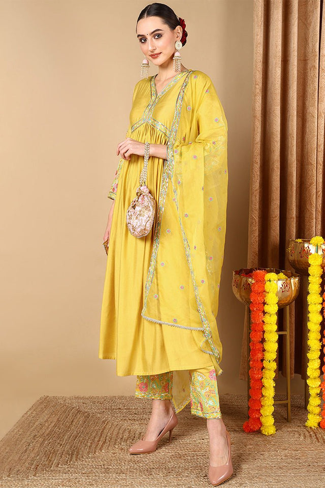 Yellow Silk Blend Embroidered Anarkali Suit Set