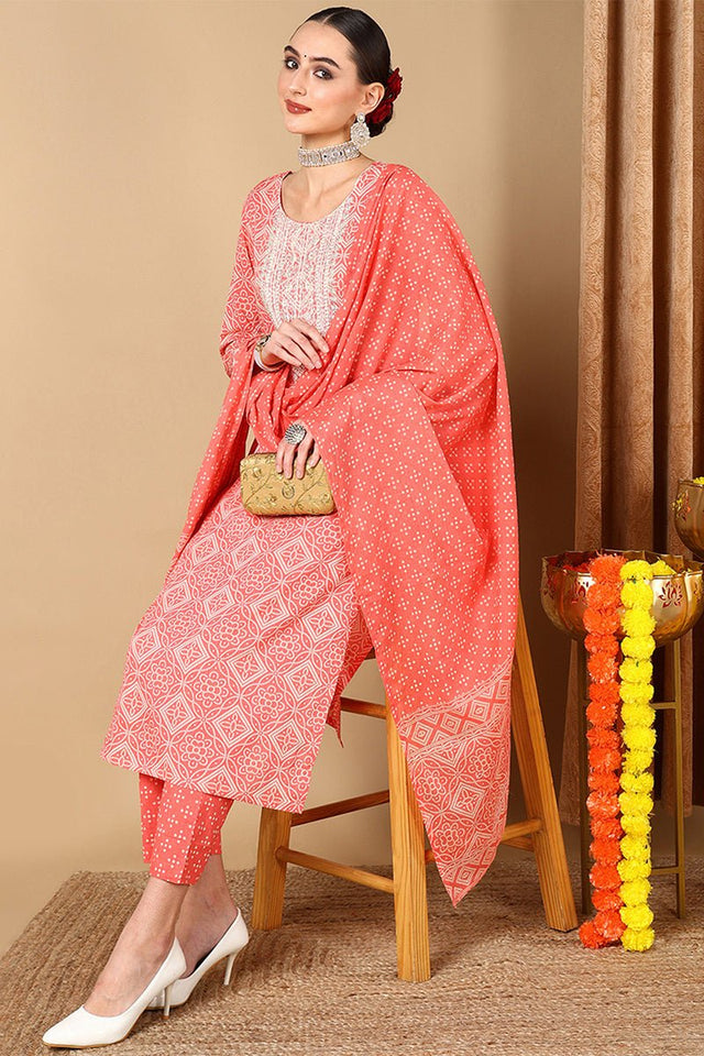Peach Cotton Bandhani Printed Straight Suit Set