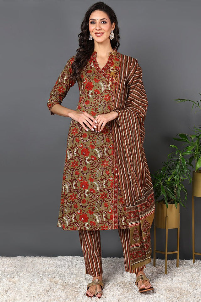 Brown Cotton Ethnic Motifs Printed Suit Set