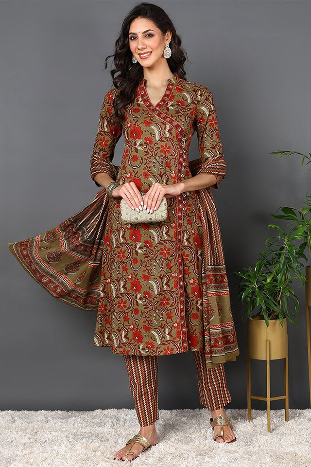 Brown Cotton Ethnic Motifs Printed Suit Set