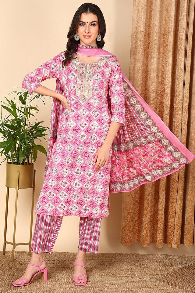 Pink Cotton Geometric Printed Yoke Design Suit Set