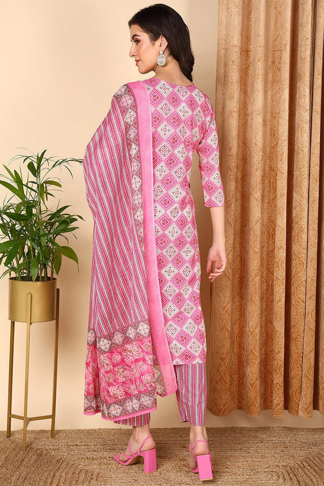 Pink Cotton Geometric Printed Yoke Design Suit Set