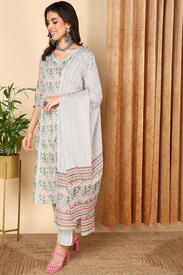 Sea Green Cotton Floral Printed Straight Suit Set