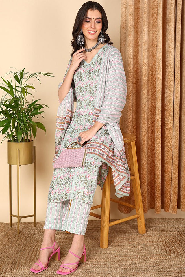 Sea Green Cotton Floral Printed Straight Suit Set