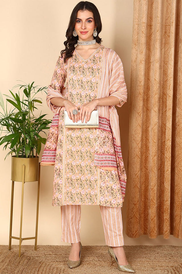 Peach Cotton Floral Printed Straight Suit Set