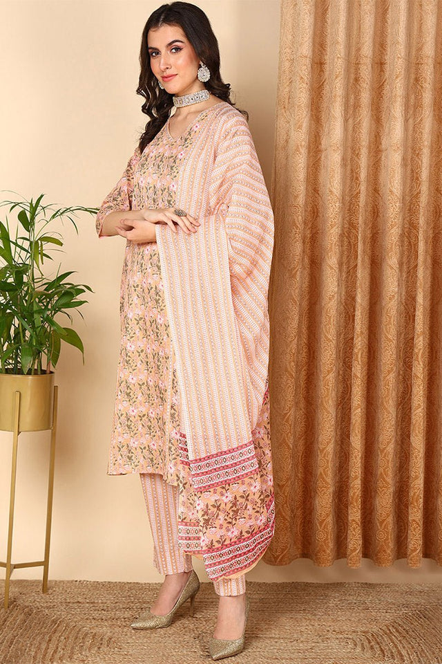 Peach Cotton Floral Printed Straight Suit Set