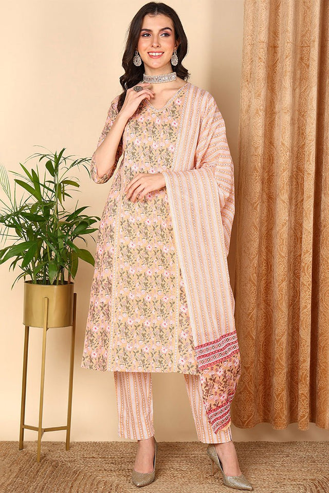 Peach Cotton Floral Printed Straight Suit Set