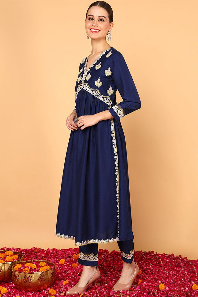 Plus Size Navy Blue Silk Blend Solid Embroidered Flared Kurti Set