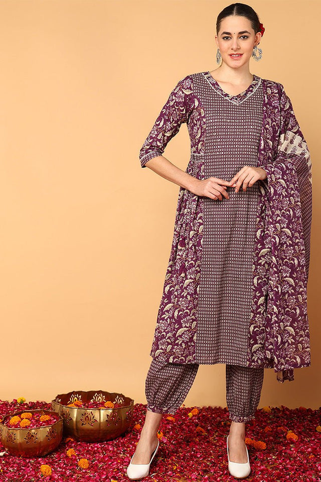 Magenta Cotton Floral Printed Flared Suit Set