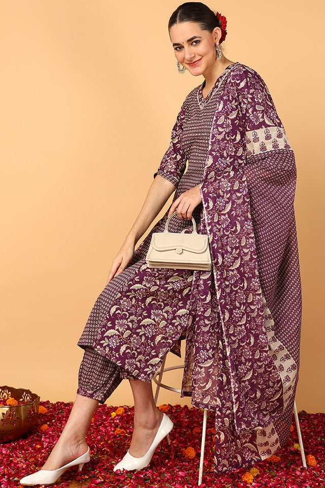 Magenta Cotton Floral Printed Flared Suit Set