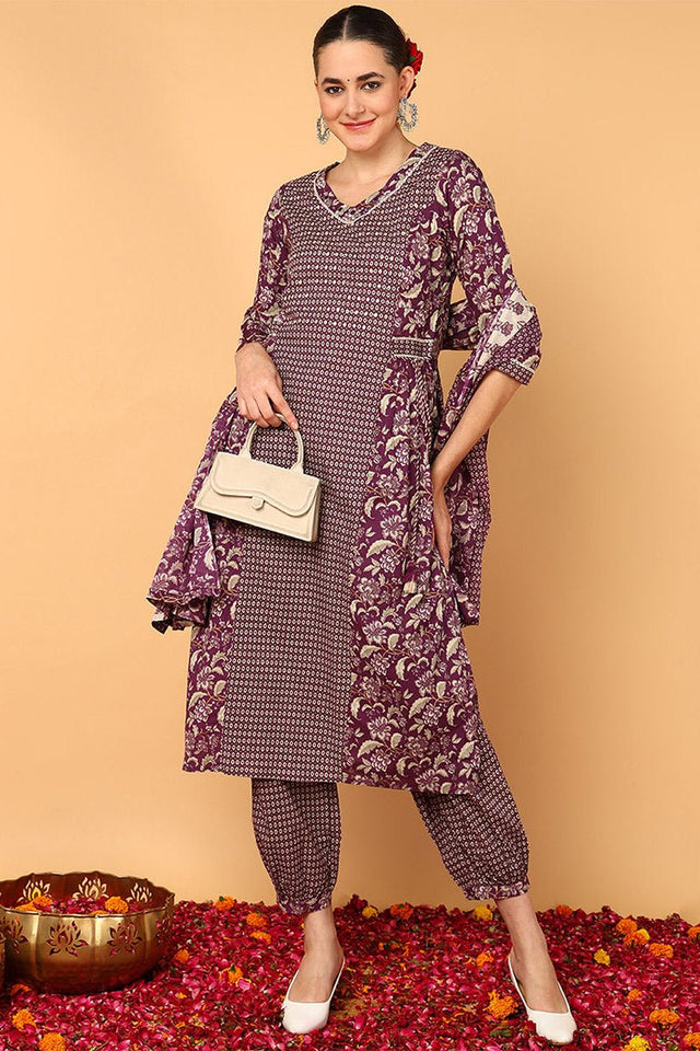 Magenta Cotton Floral Printed Flared Suit Set