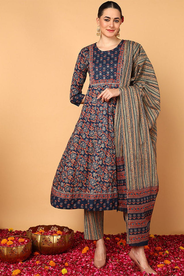 Blue Cotton Floral Printed Flared Style Suit Set