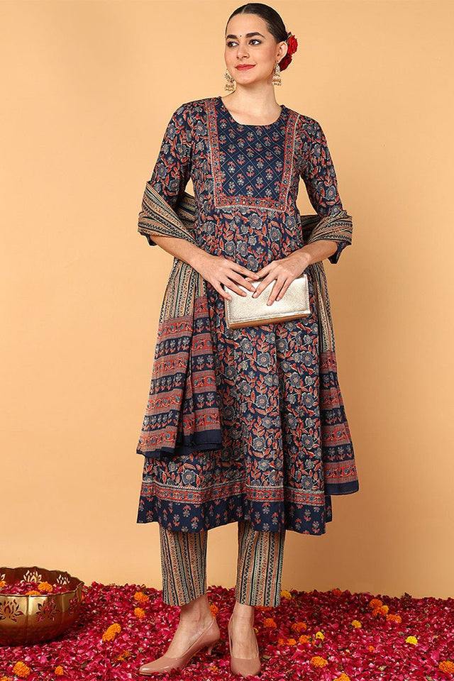 Blue Cotton Floral Printed Flared Style Suit Set