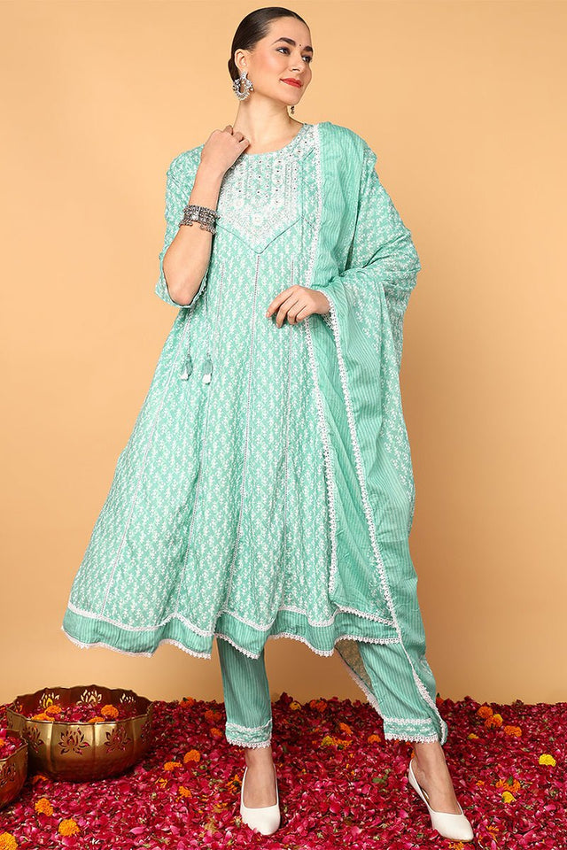 Sea Green Viscose Rayon Ethnic Motifs Printed Flared Suit Set