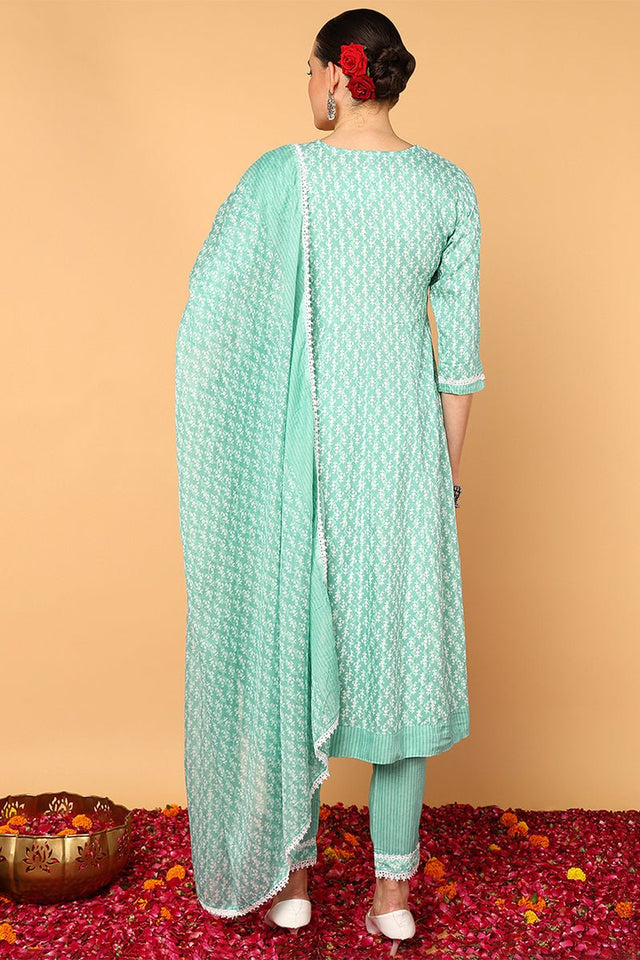 Sea Green Viscose Rayon Ethnic Motifs Printed Flared Suit Set
