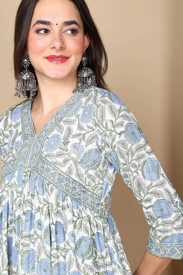 White Cotton Floral Printed Flared Anarkali Suit Set