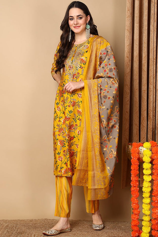 Yellow Silk Blend Floral Printed Straight Cut Style Suit Set