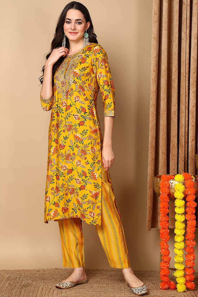 Yellow Silk Blend Floral Printed Straight Cut Style Suit Set