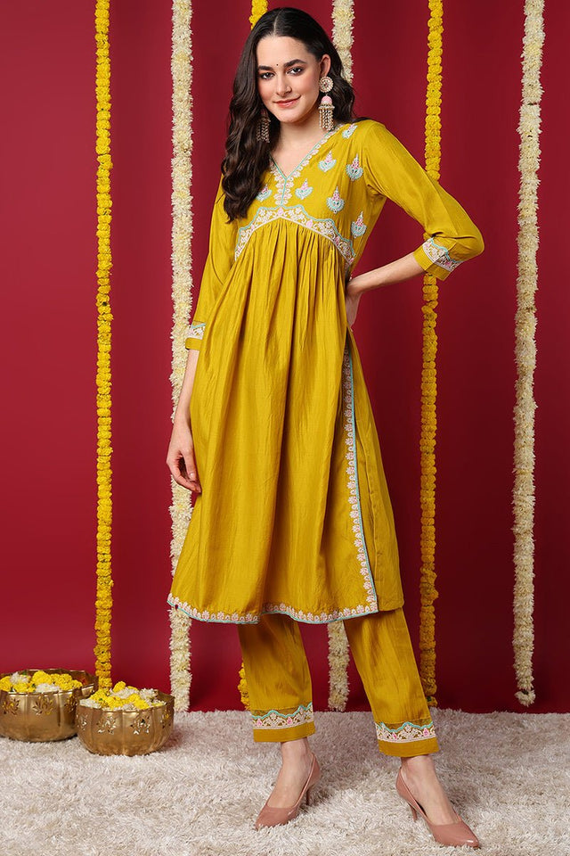 Yellow Silk Blend Solid Embroidered Flared Kurti Set