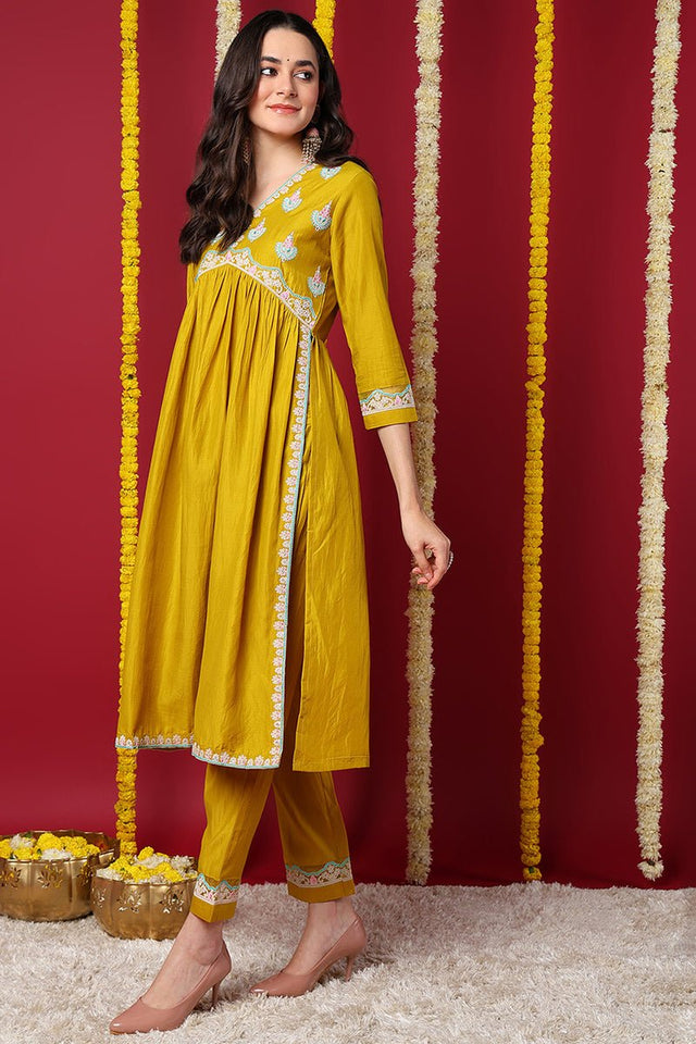 Yellow Silk Blend Solid Embroidered Flared Kurti Set