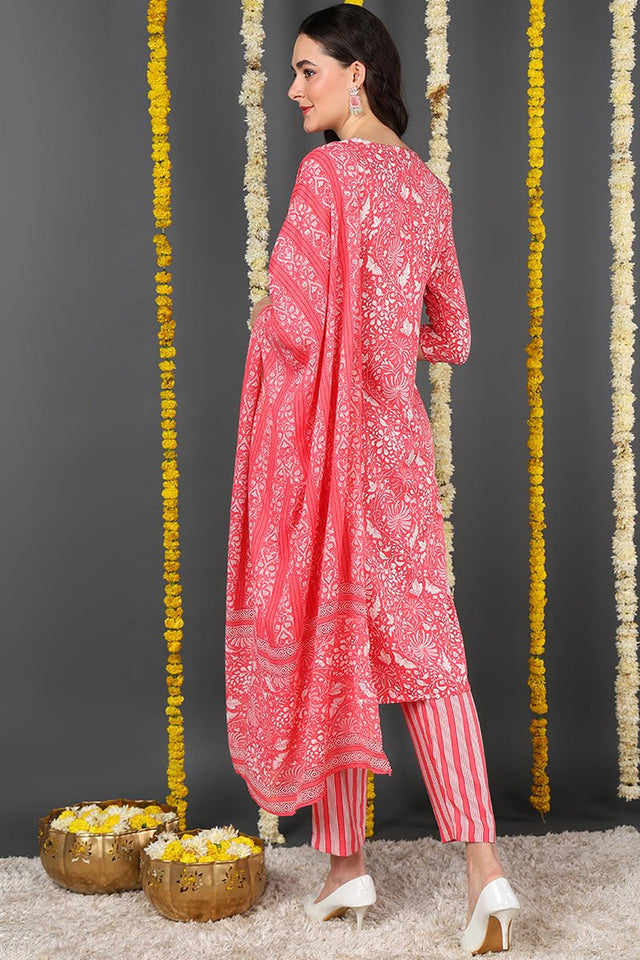 Pink Rayon Blend Floral Printed Straight Cut Suit Set