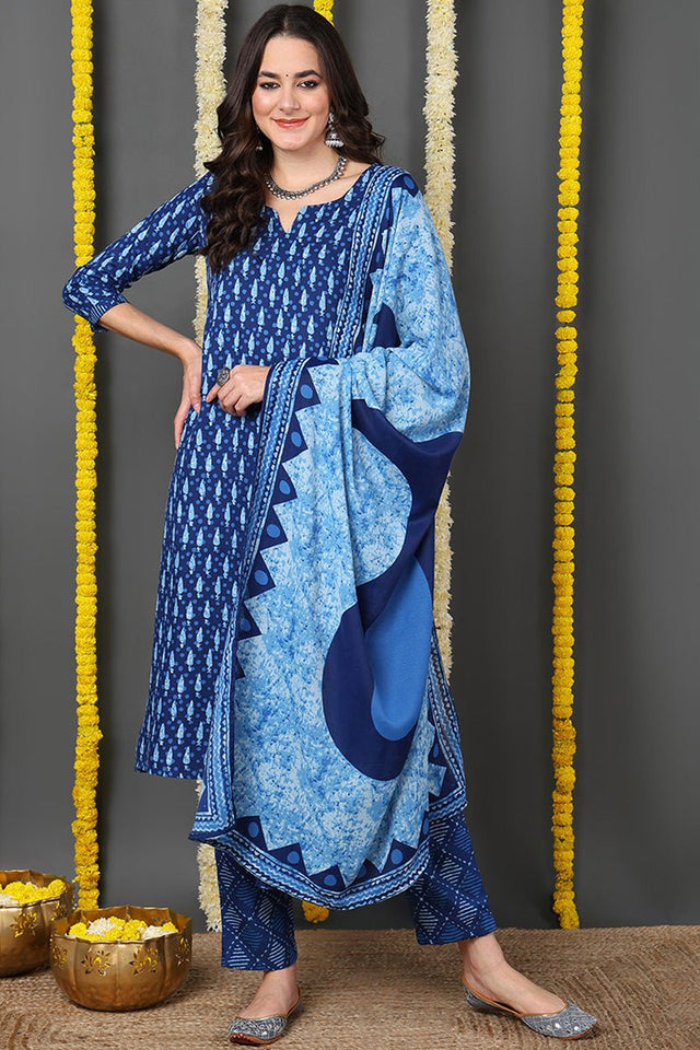 Blue Rayon Blend Ethnic Motifs Printed Straight Cut Suit Set