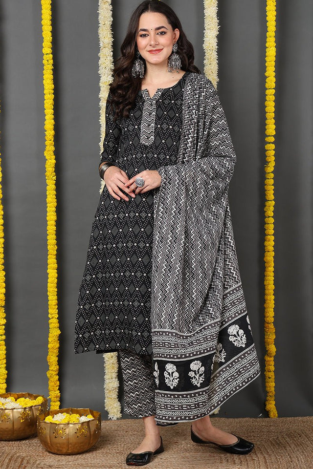 Black Rayon Blend Geometric Printed Straight Cut Suit Set