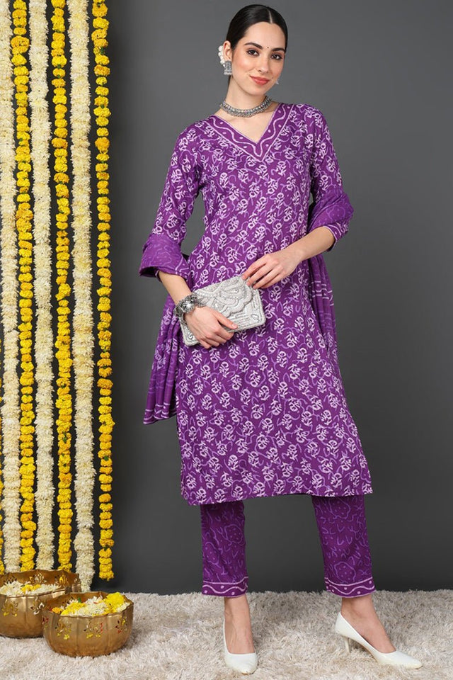 Violet Rayon Blend Ethnic Motifs Printed Straight Cut Suit Set