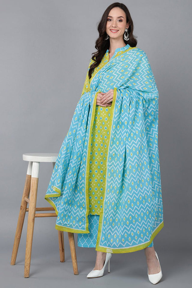 Lime Green Printed Rayon Blend Kurti Palazzo With Dupatta
