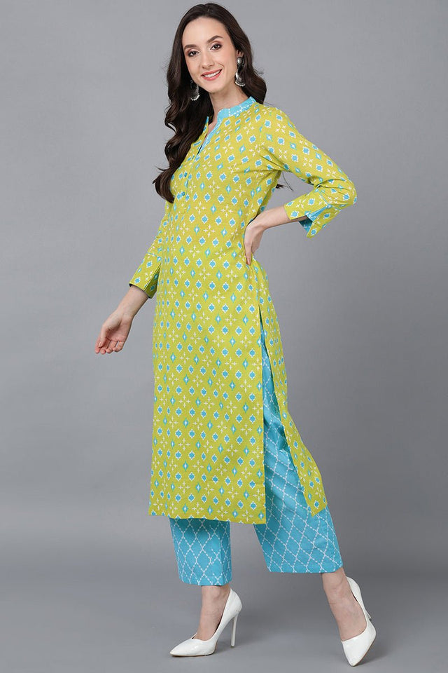 Lime Green Printed Rayon Blend Kurti Palazzo With Dupatta