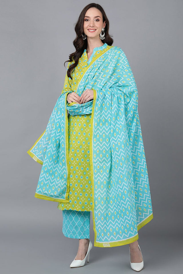 Lime Green Printed Rayon Blend Kurti Palazzo With Dupatta