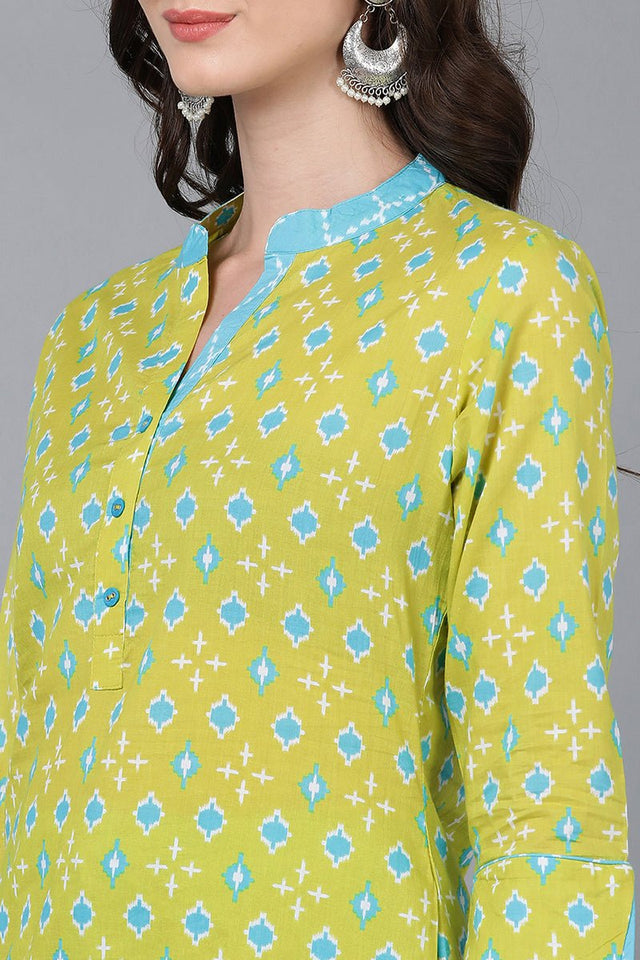 Lime Green Printed Rayon Blend Kurti Palazzo With Dupatta