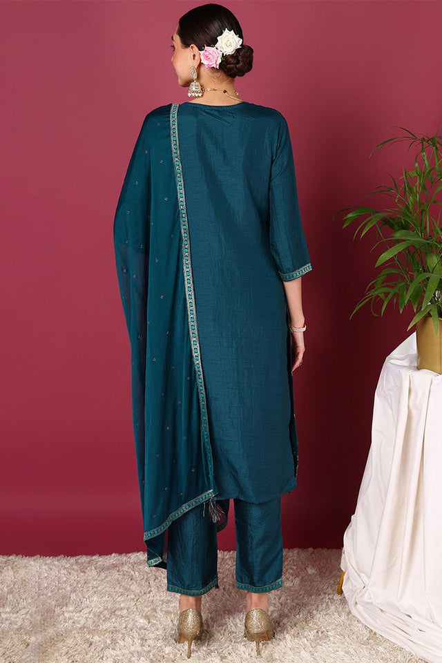 Teal Silk Blend Ethnic Motifs Woven Design Straight Cut Suit Set