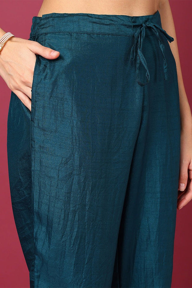 Teal Silk Blend Ethnic Motifs Woven Design Straight Cut Suit Set