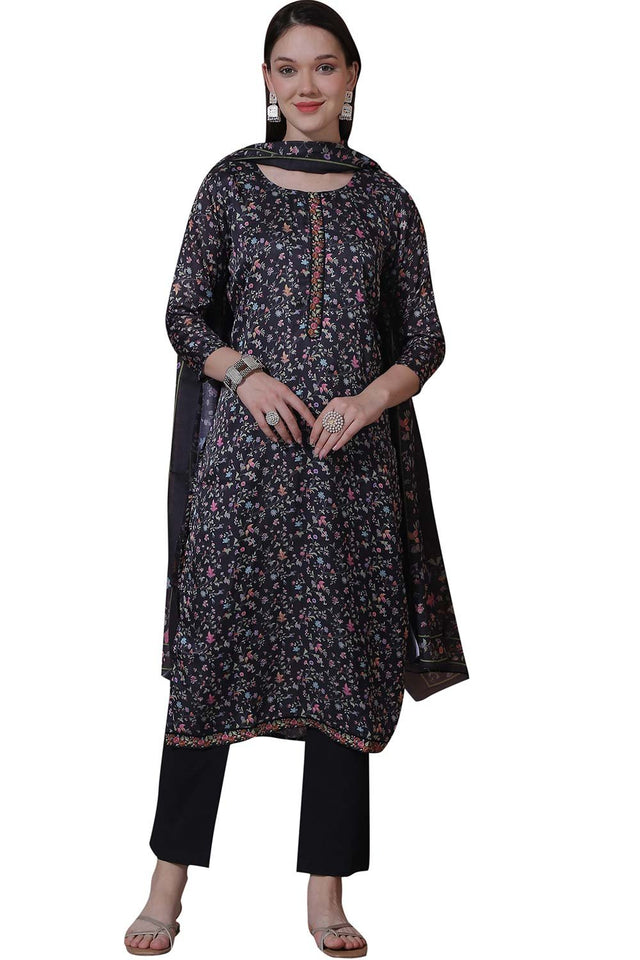 Black Satin Digital Printed Dress Material (SL-4254)