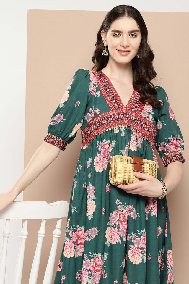 Women's Green Silk Printed Dress