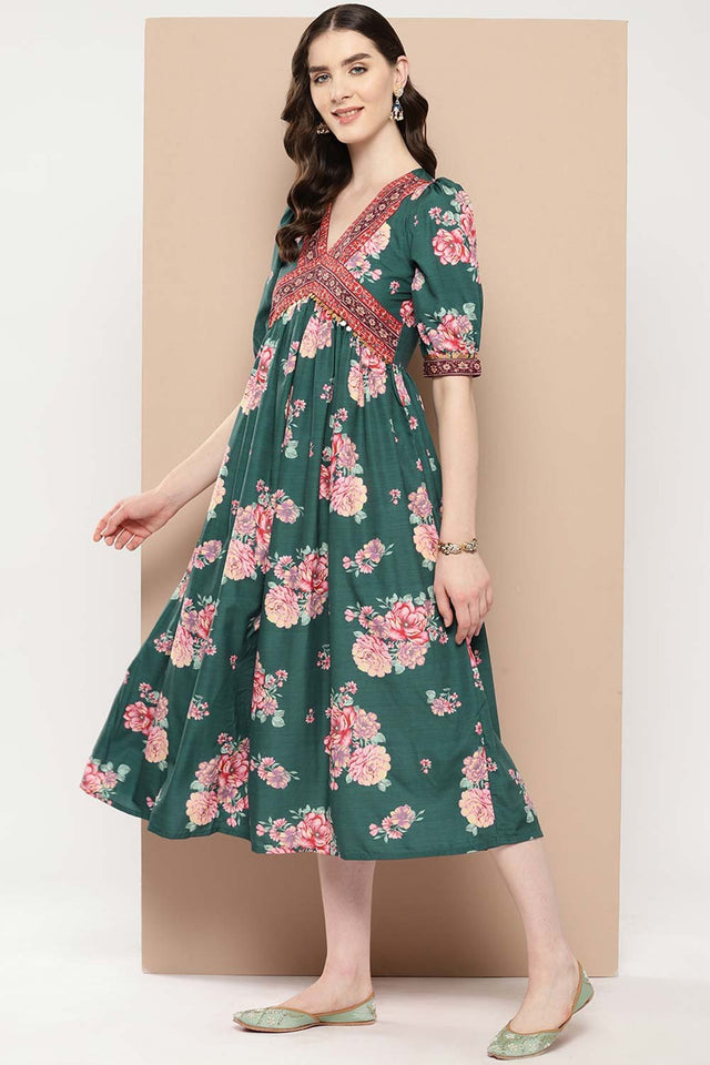 Women's Green Silk Printed Dress