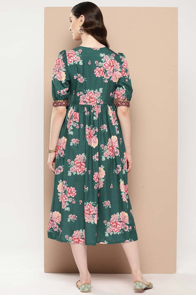 Women's Green Silk Printed Dress